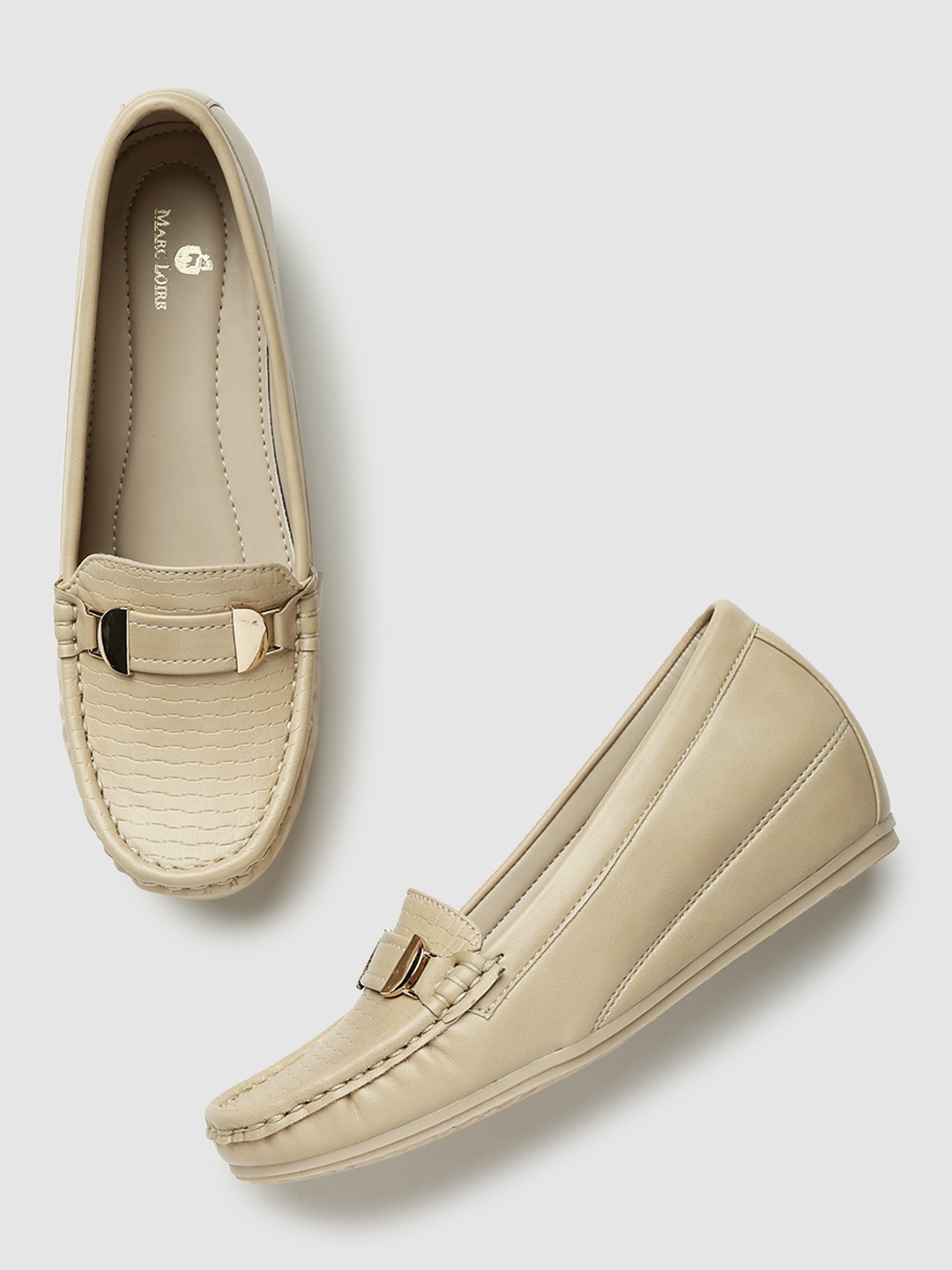 

Marc Loire Women Cream Textured Buckled Lightweight Wedge Loafers