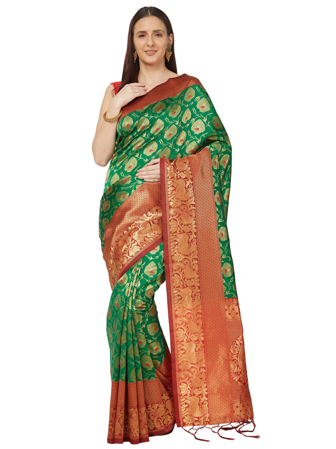 

Varkala Silk Sarees Green & Red Paisley Zari Art Silk Banarasi Saree