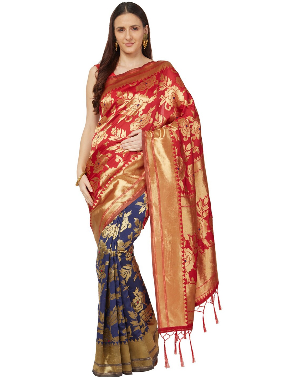 

Varkala Silk Sarees Red & Blue Floral Zari Art Silk Banarasi Saree