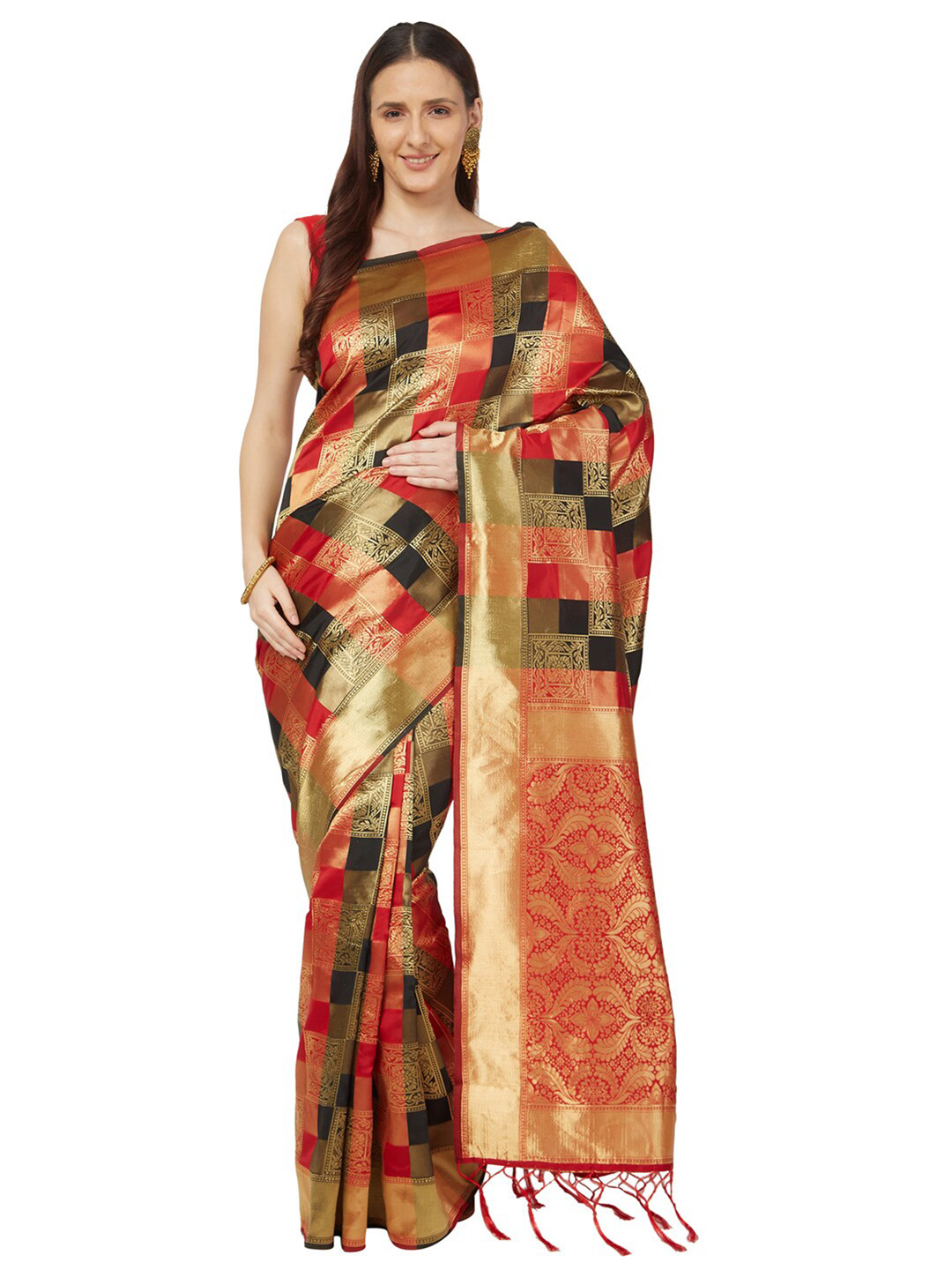 

Varkala Silk Sarees Red & Gold-Toned Checked Zari Art Silk Kanjeevaram Saree