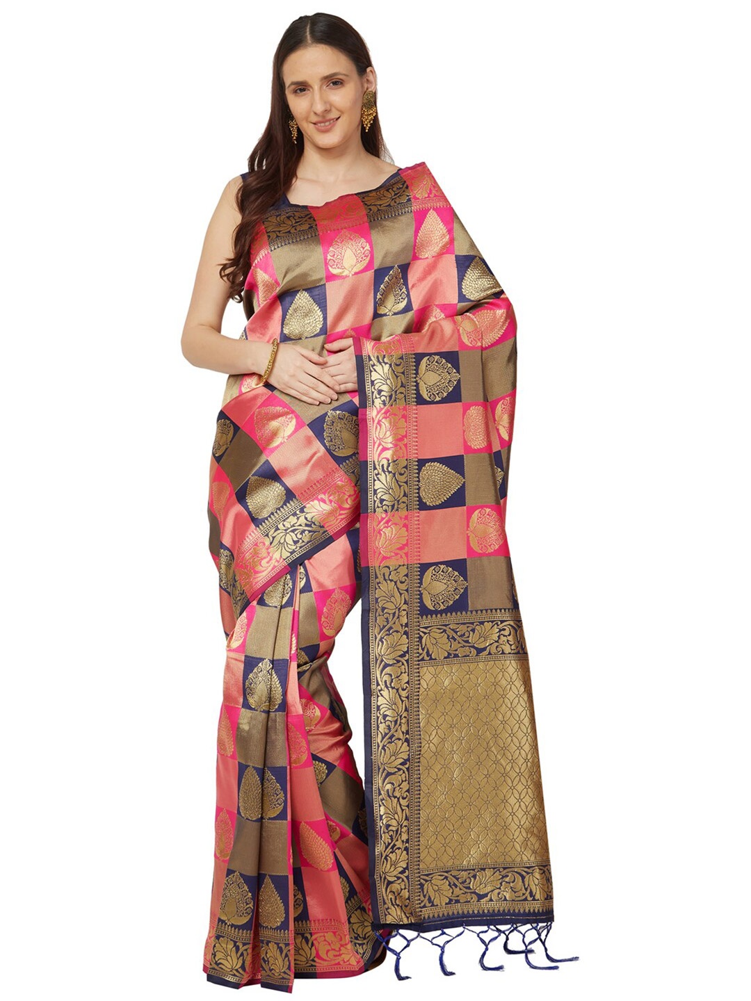 

Varkala Silk Sarees Pink & Blue Checked Zari Art Silk Kanjeevaram Saree