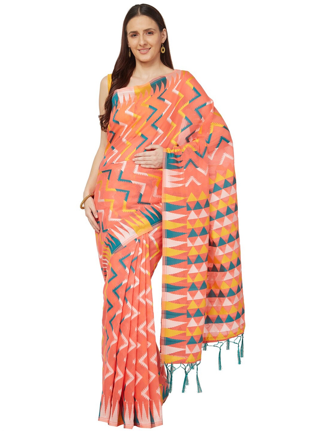 

Varkala Silk Sarees Peach-Coloured & Yellow Jamdani Saree