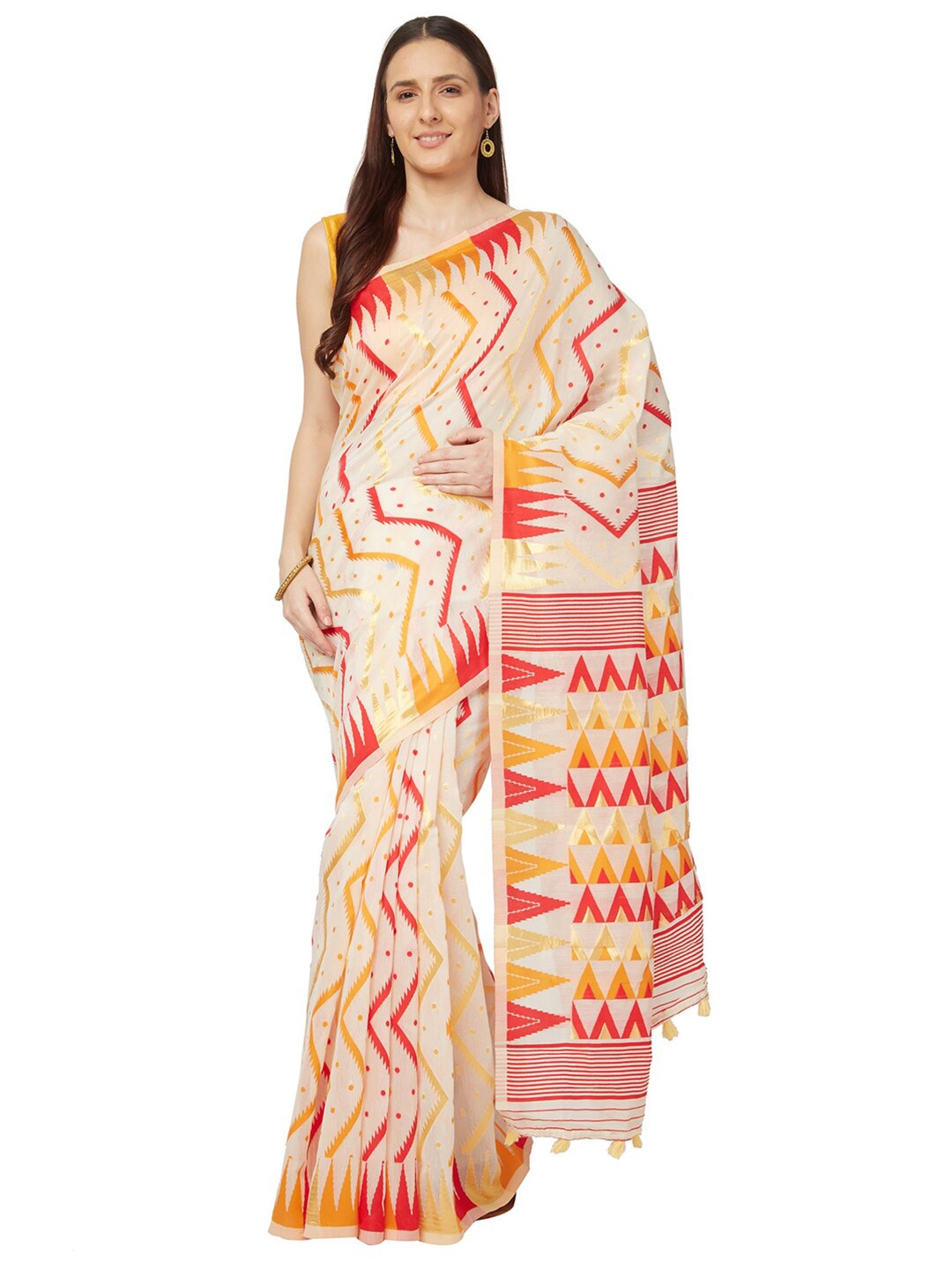 

Varkala Silk Sarees Cream-Coloured & Pink Jamdani Saree