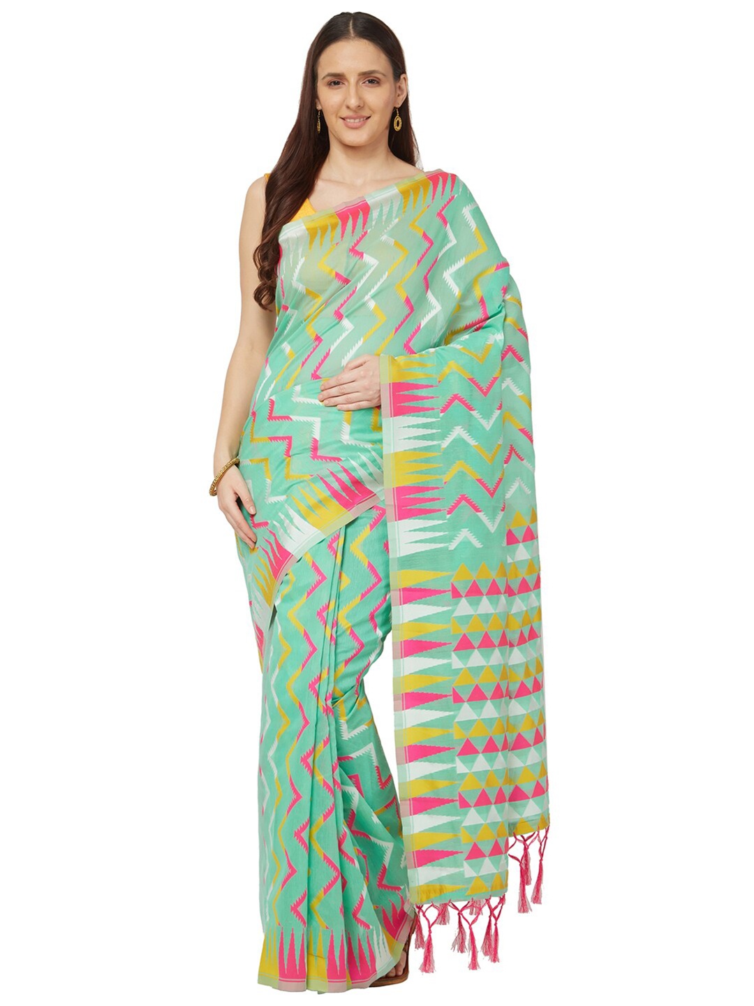 

Varkala Silk Sarees Turquoise Blue & Pink Jamdani Saree