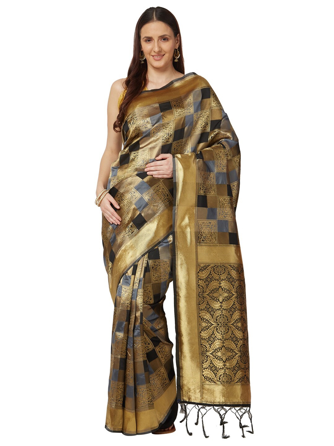 

Varkala Silk Sarees Grey & Black Checked Zari Art Silk Kanjeevaram Saree