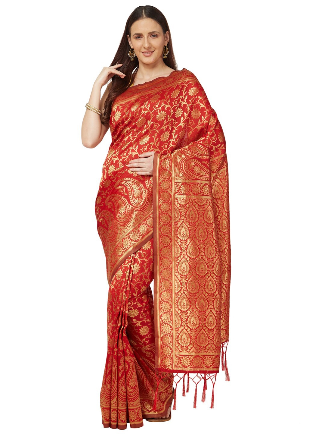 

Varkala Silk Sarees Red & Gold-Toned Floral Zari Art Silk Banarasi Saree