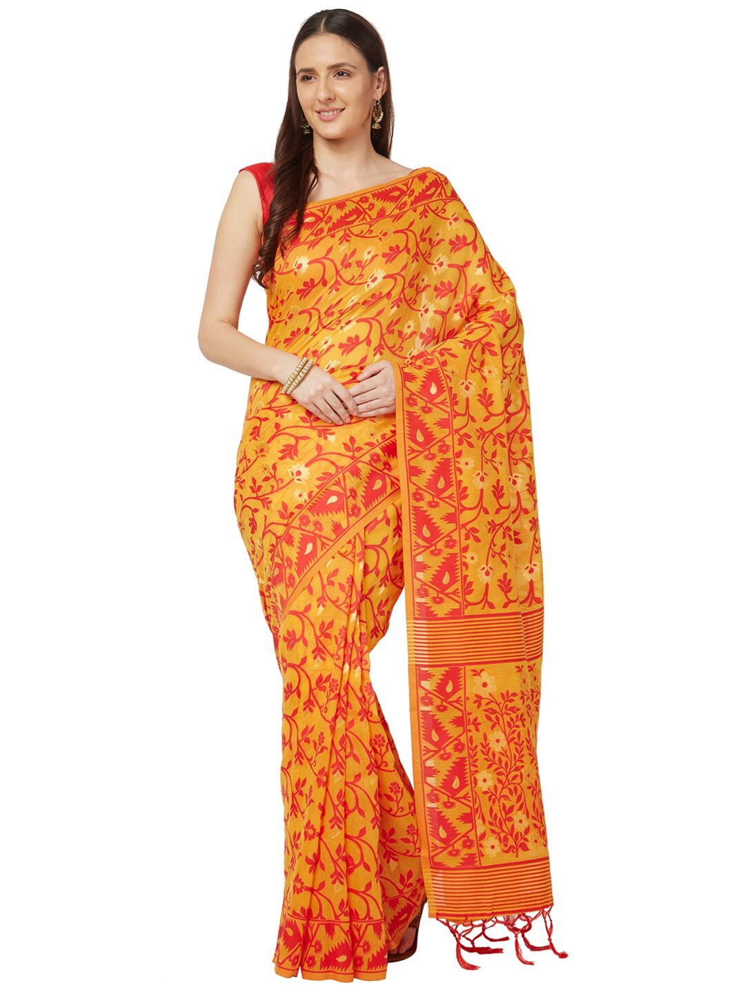 

Varkala Silk Sarees Orange & Cream-Coloured Floral Jamdani Saree