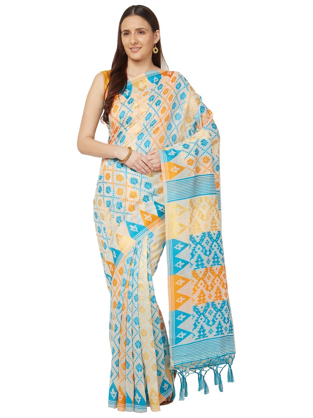 

Varkala Silk Sarees Cream-Coloured & Orange Jamdani Saree