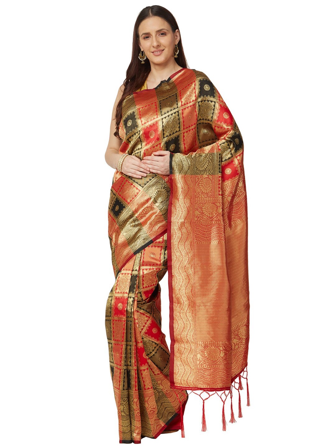 

Varkala Silk Sarees Red & Black Checked Zari Art Silk Kanjeevaram Saree
