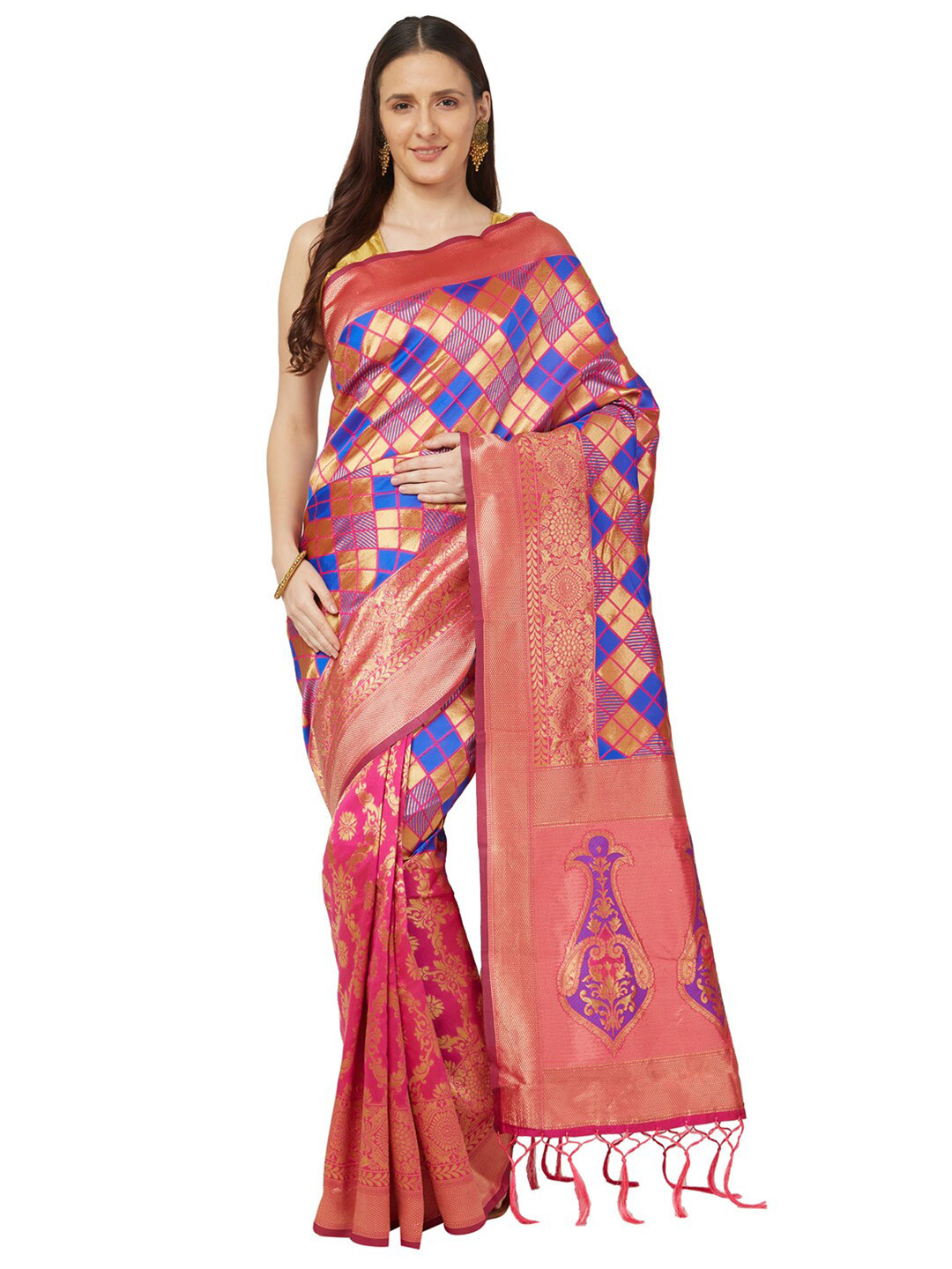 

Varkala Silk Sarees Pink & Purple Checked Zari Art Silk Kanjeevaram Saree