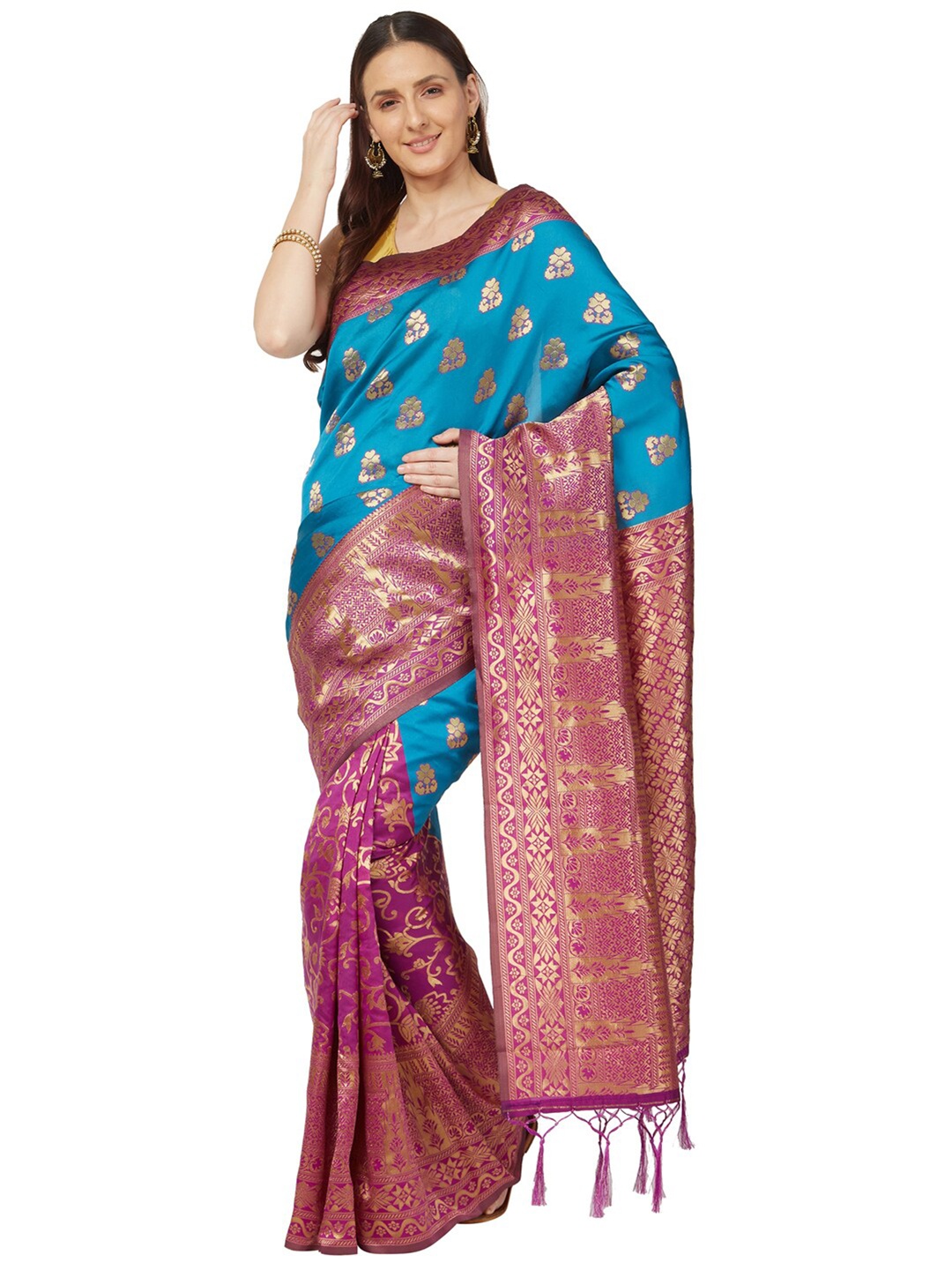 

Varkala Silk Sarees Turquoise Blue & Pink Floral Zari Art Silk Banarasi Saree