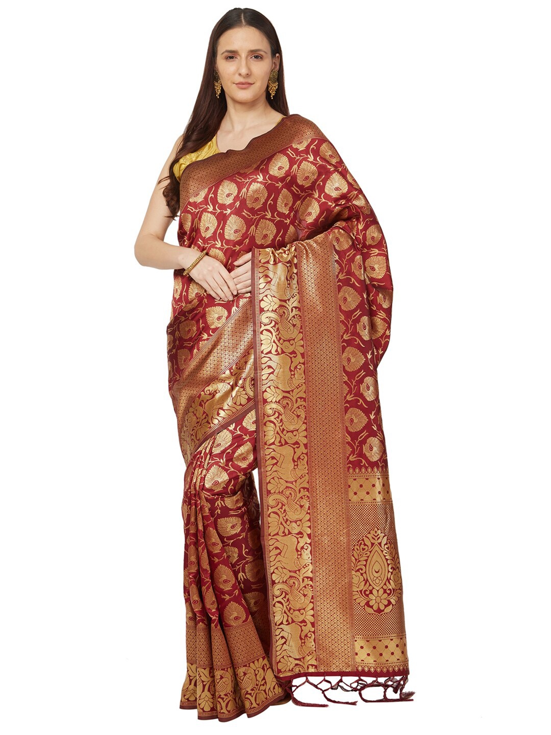 

Varkala Silk Sarees Red & Gold-Toned Paisley Zari Art Silk Banarasi Saree