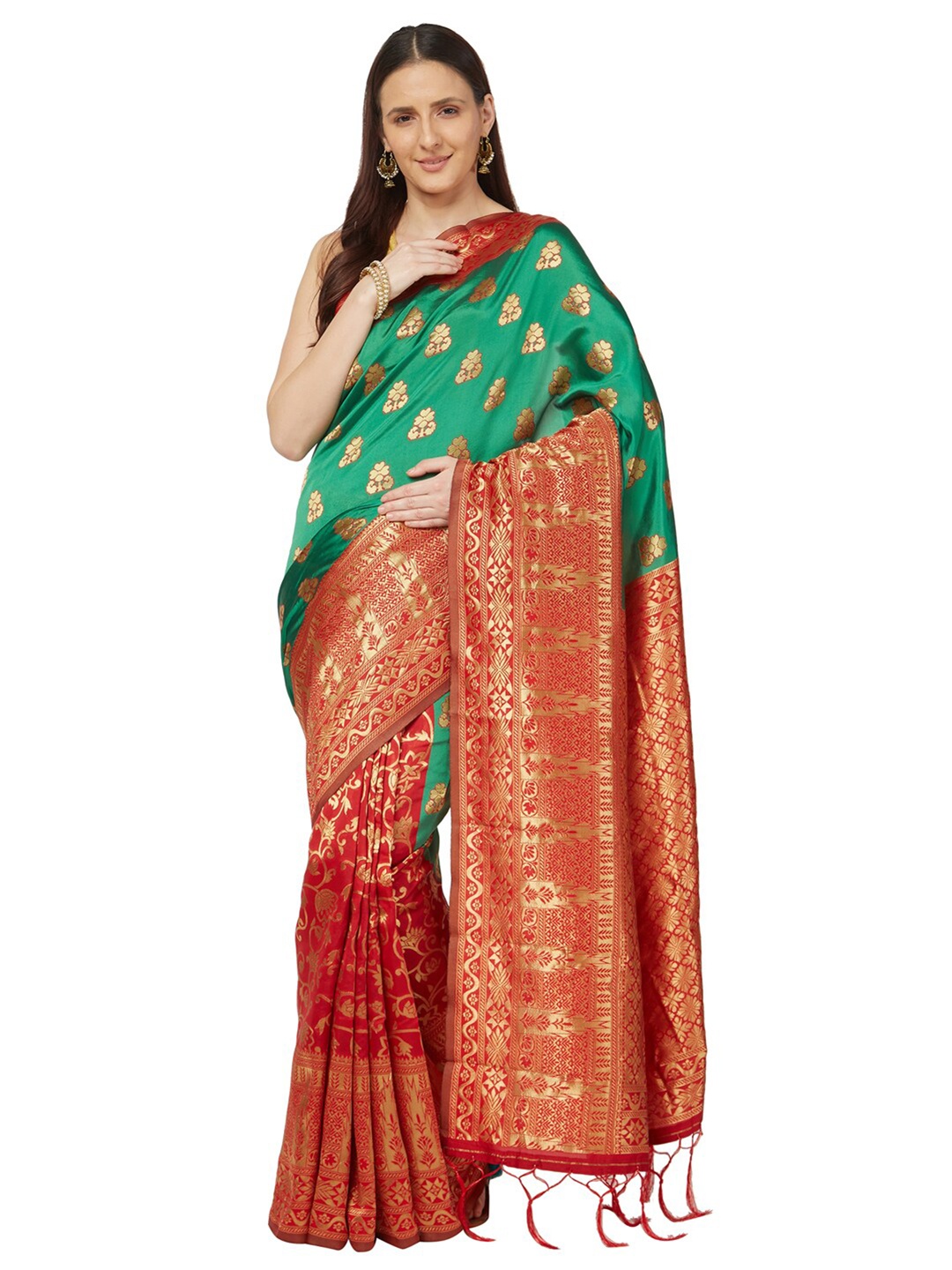 

Varkala Silk Sarees Green & Red Floral Zari Art Silk Banarasi Saree