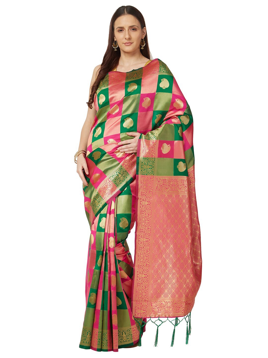 

Varkala Silk Sarees Pink & Green Checked Zari Art Silk Kanjeevaram Saree