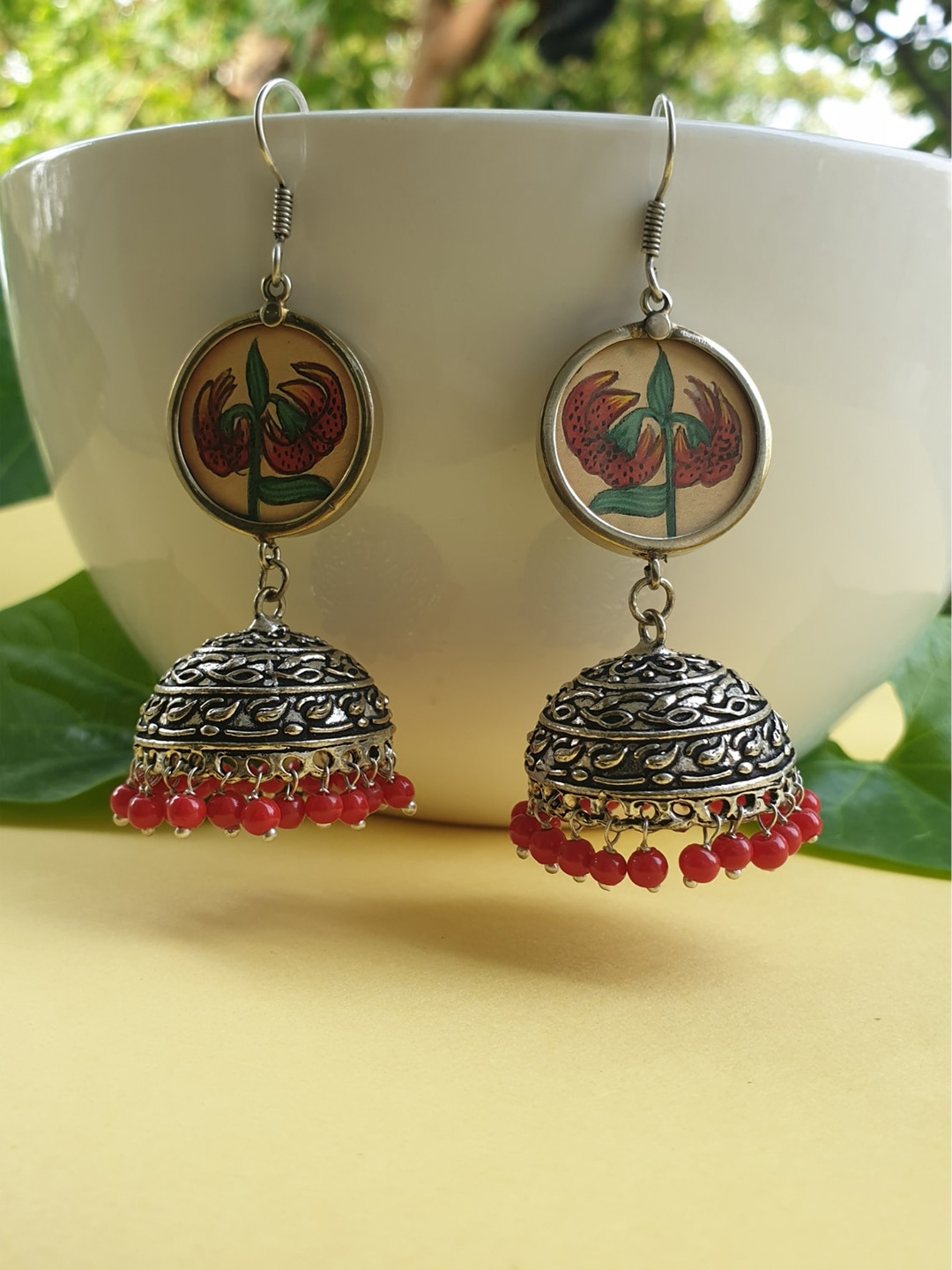 

FIROZA Red Dome Shaped Jhumkas Earrings