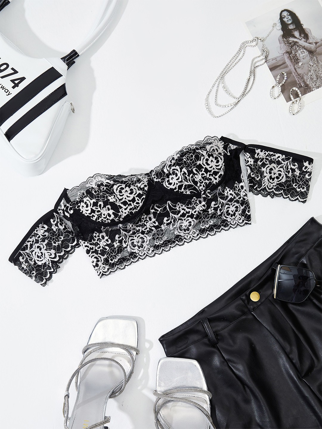 

URBANIC Women Black Printed V-Neck Extended Sleeves Monochrome Slim Fit T-shirt