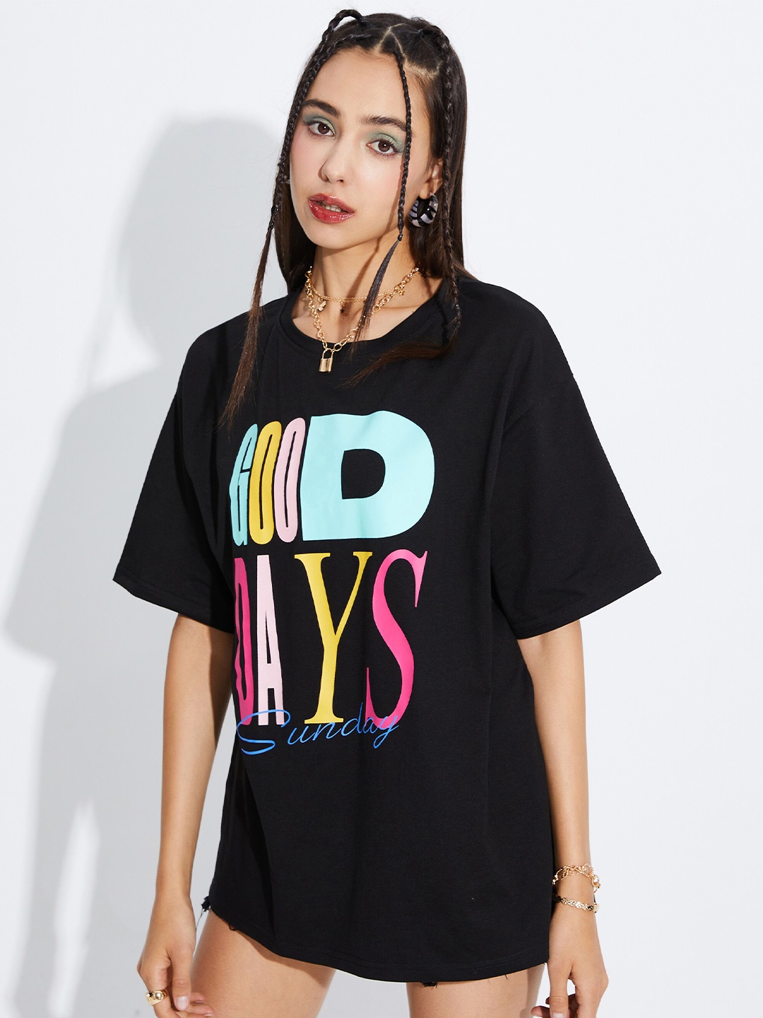 

URBANIC Women Black Typography Printed Extended Sleeves Applique T-shirt