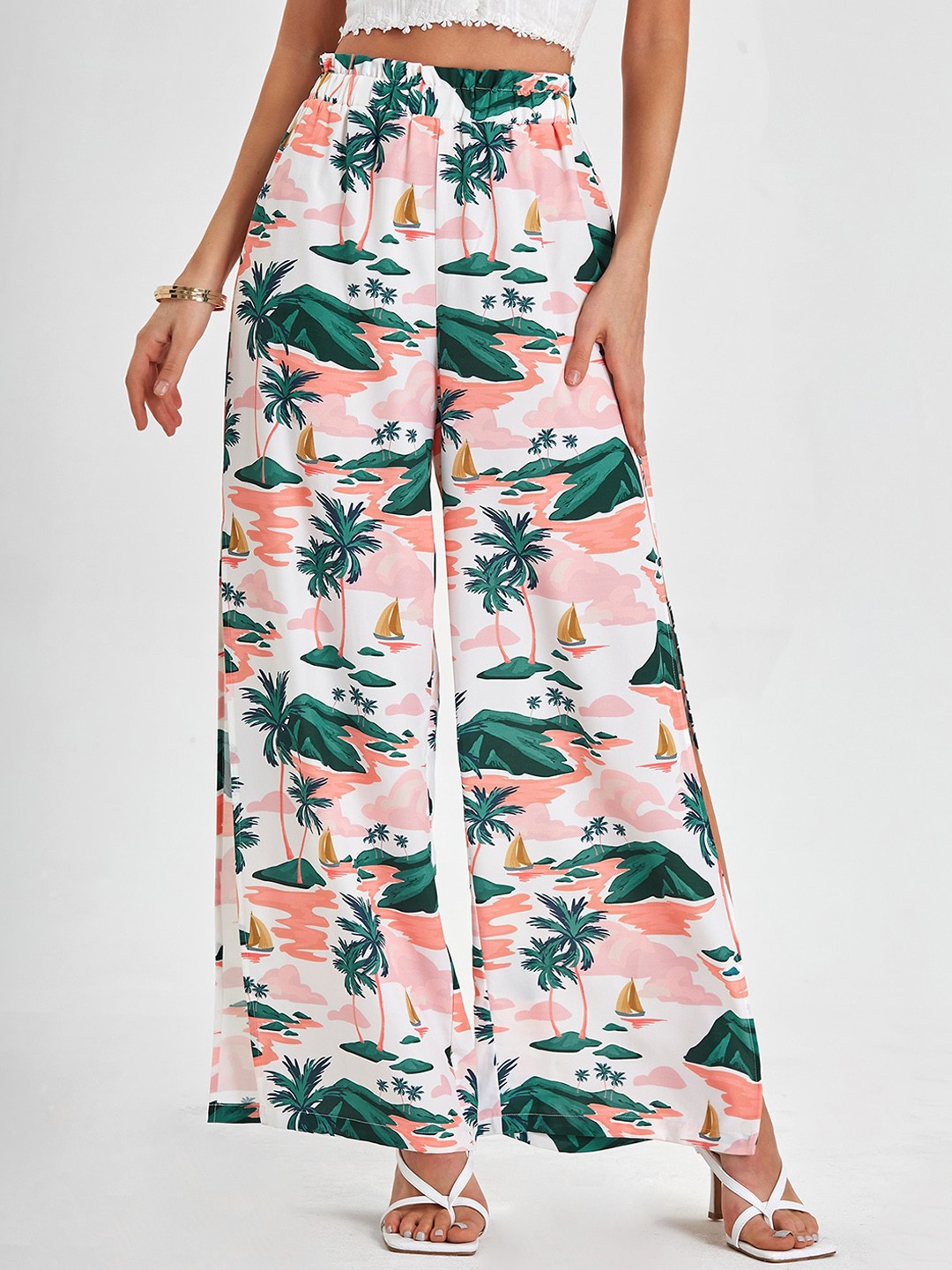 

URBANIC Women White Floral Printed Culottes Trousers