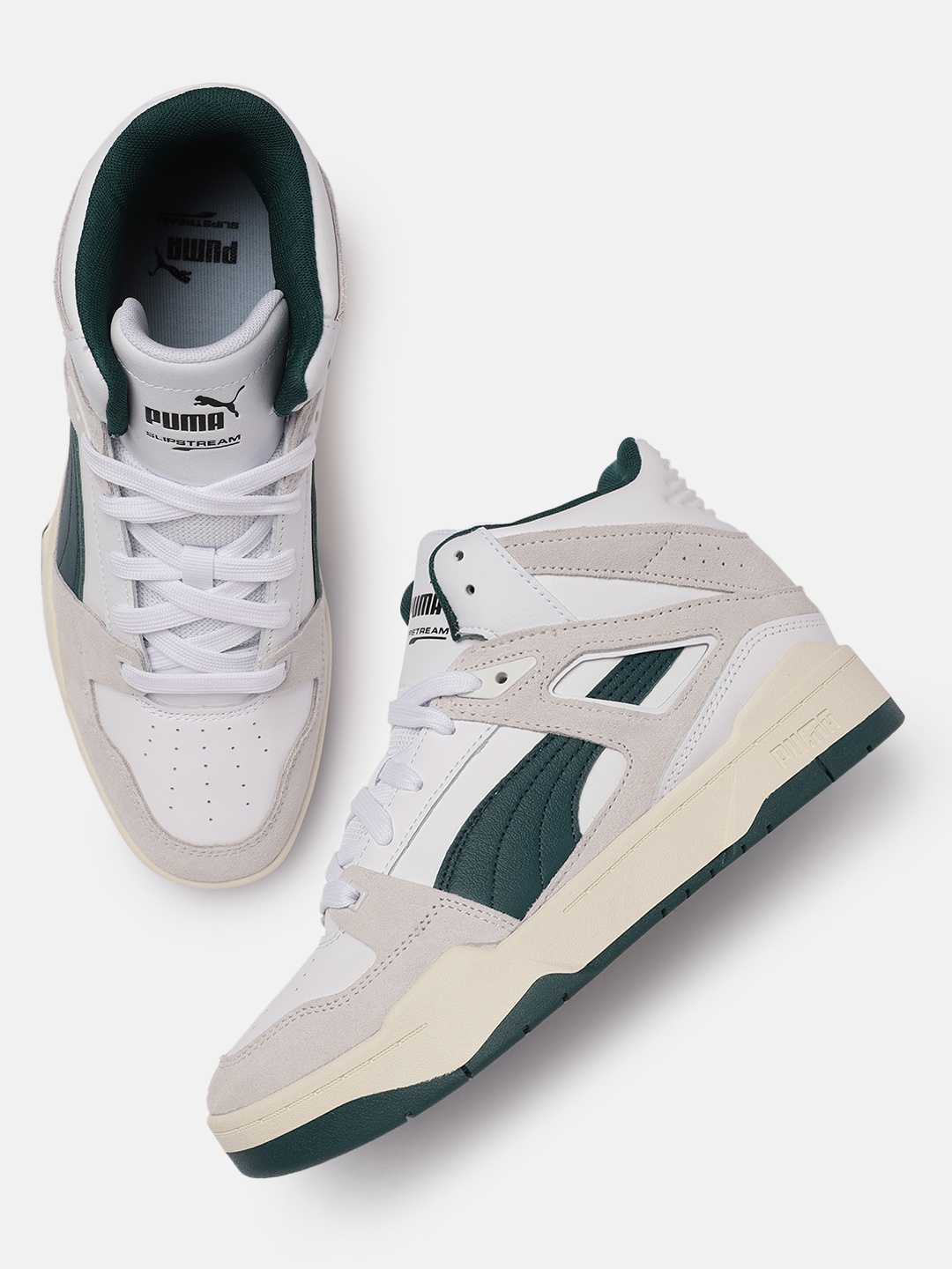 

Puma Unisex White & Green Slipstream Heritage Colourblocked Mid-Top Leather Sneakers