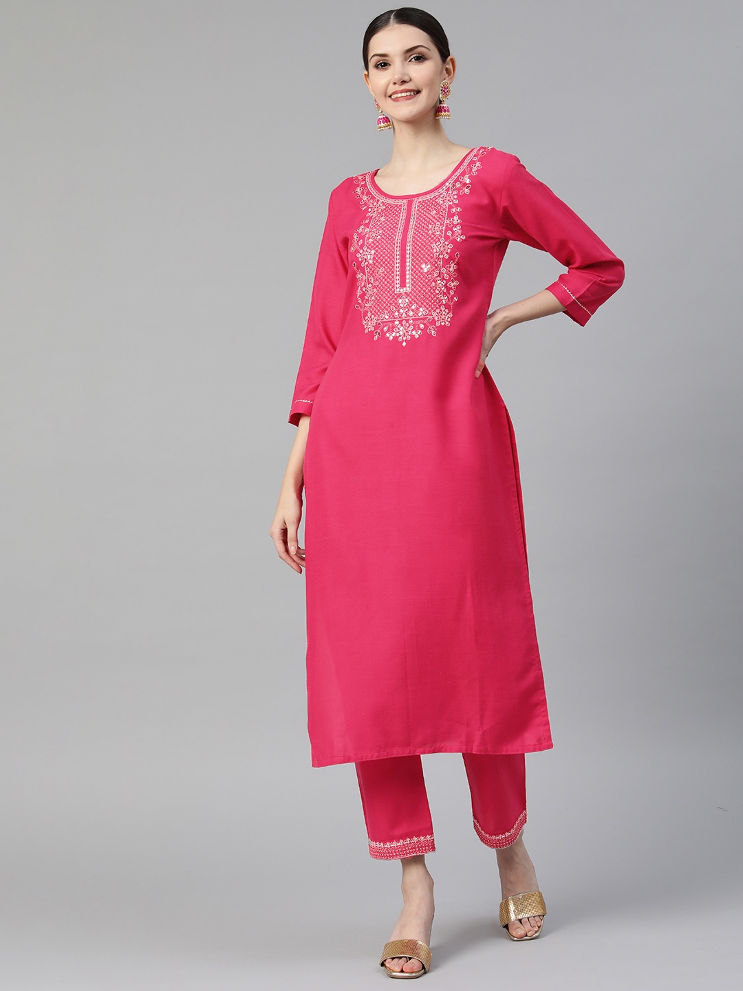 

SheWill Women Pink Floral Yoke Design Sequinned Kurta with Trousers