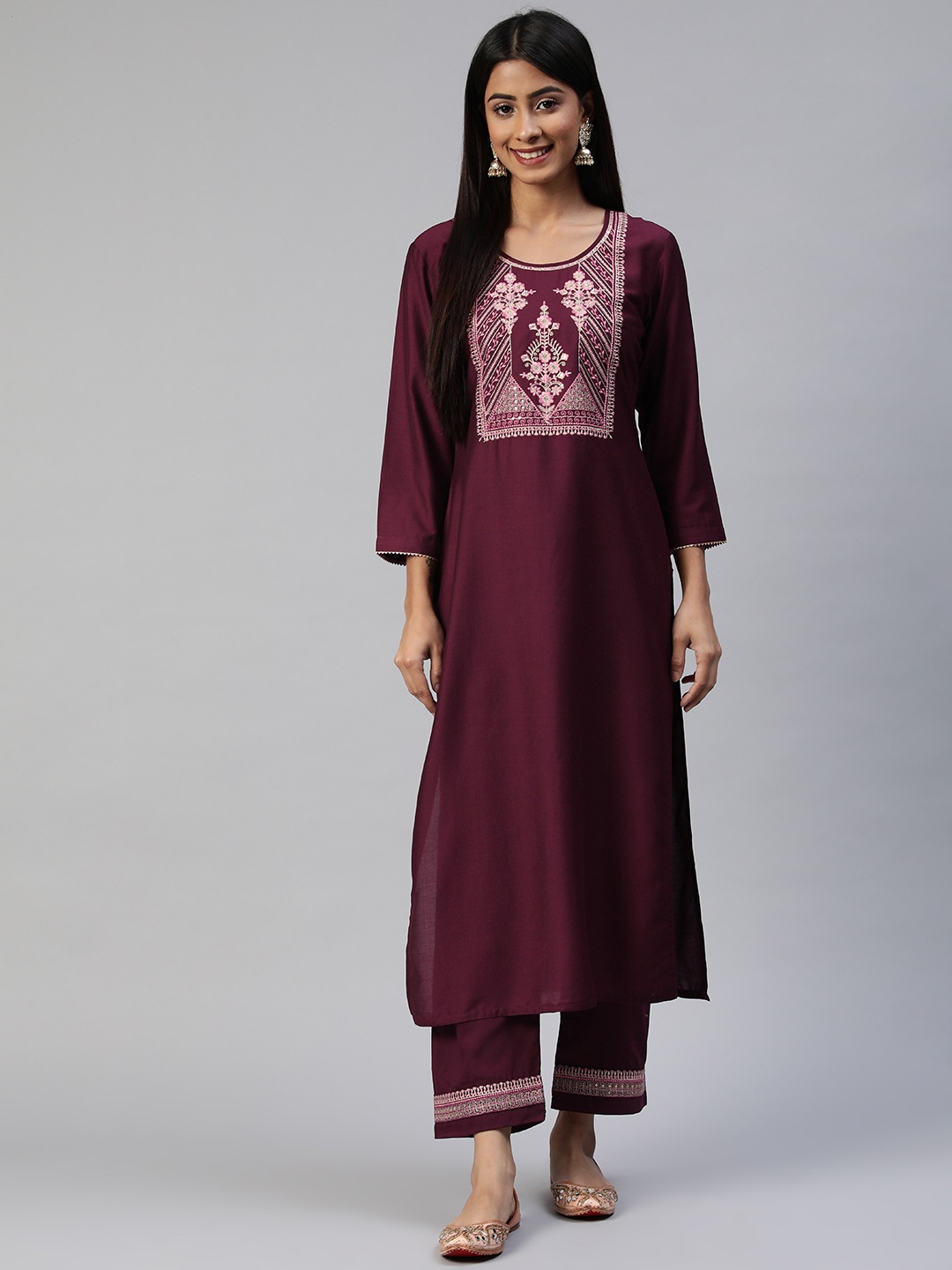 

SheWill Women Burgundy Floral Yoke Design Sequinned Kurta with Trousers
