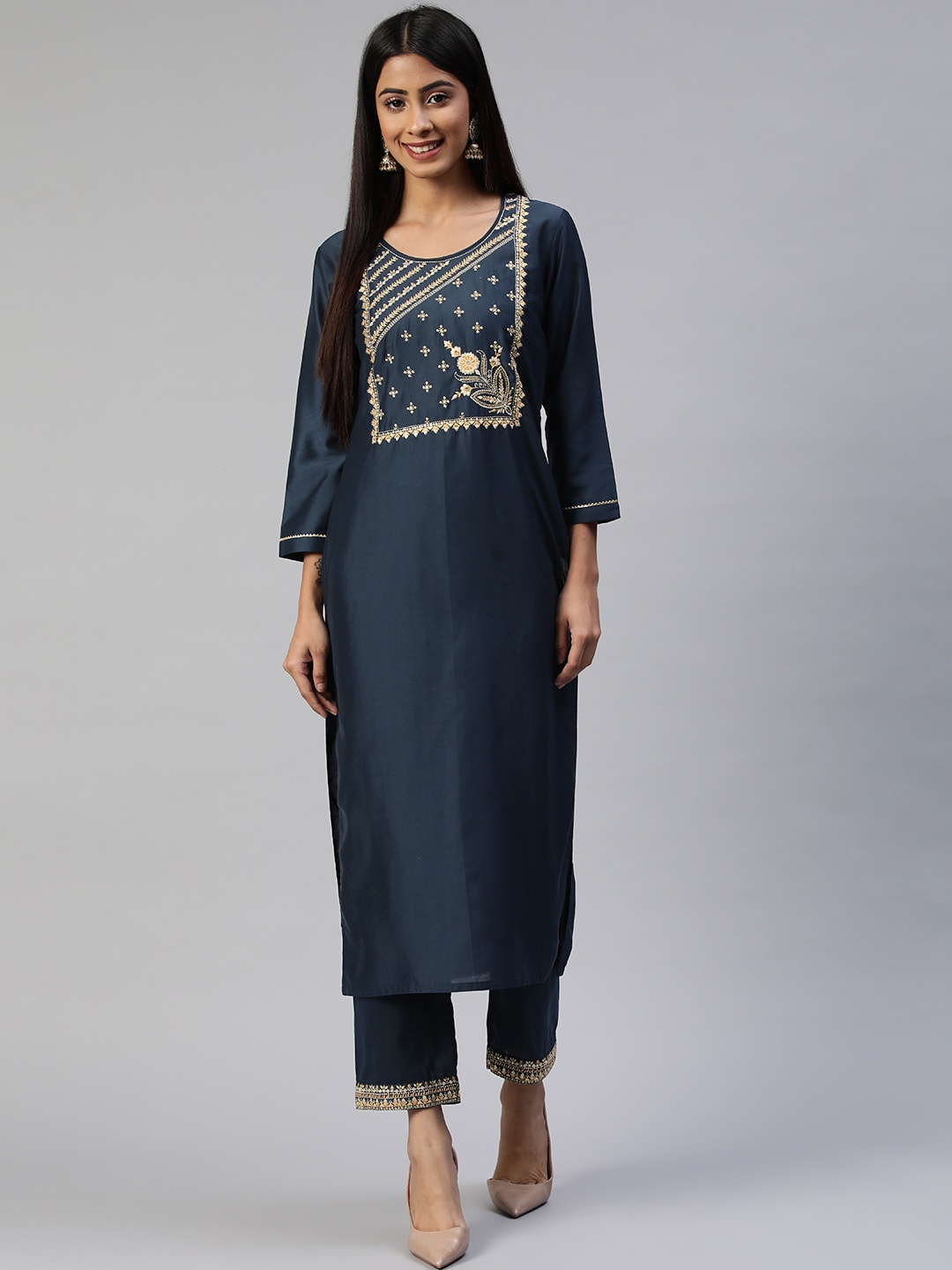 

SheWill Women Navy Blue Floral Embroidered Sequinned Kurta with Trousers