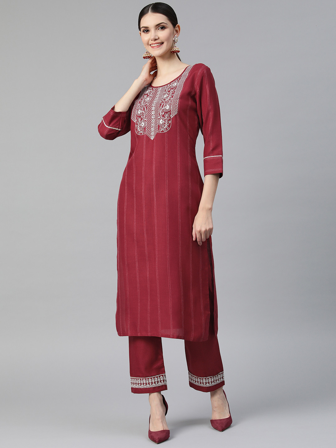 

SheWill Women Maroon Ethnic Motifs Embroidered Chikankari Kurta with Trousers
