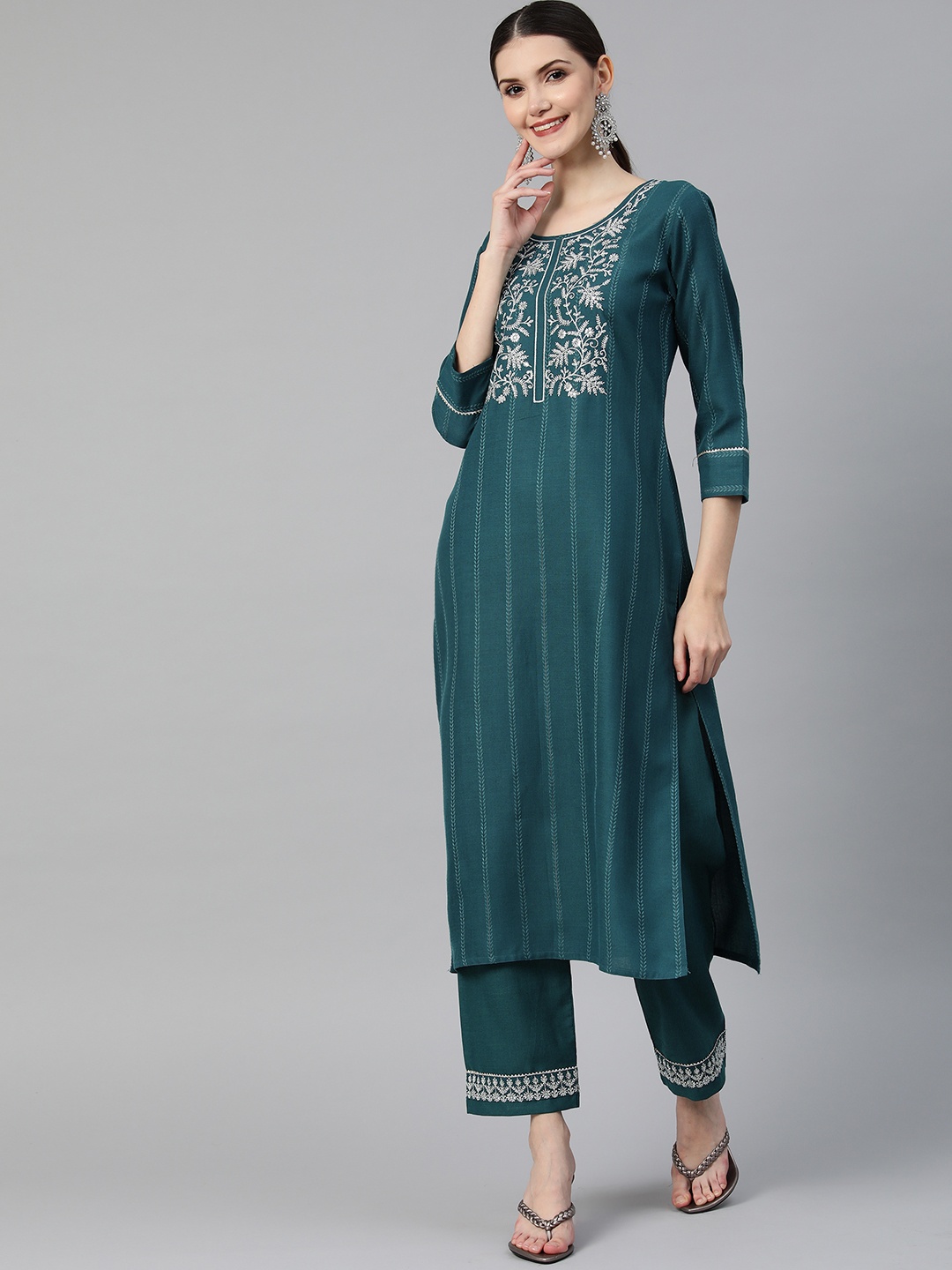 

SheWill Women Teal Ethnic Motifs Embroidered Chikankari Kurta with Trousers