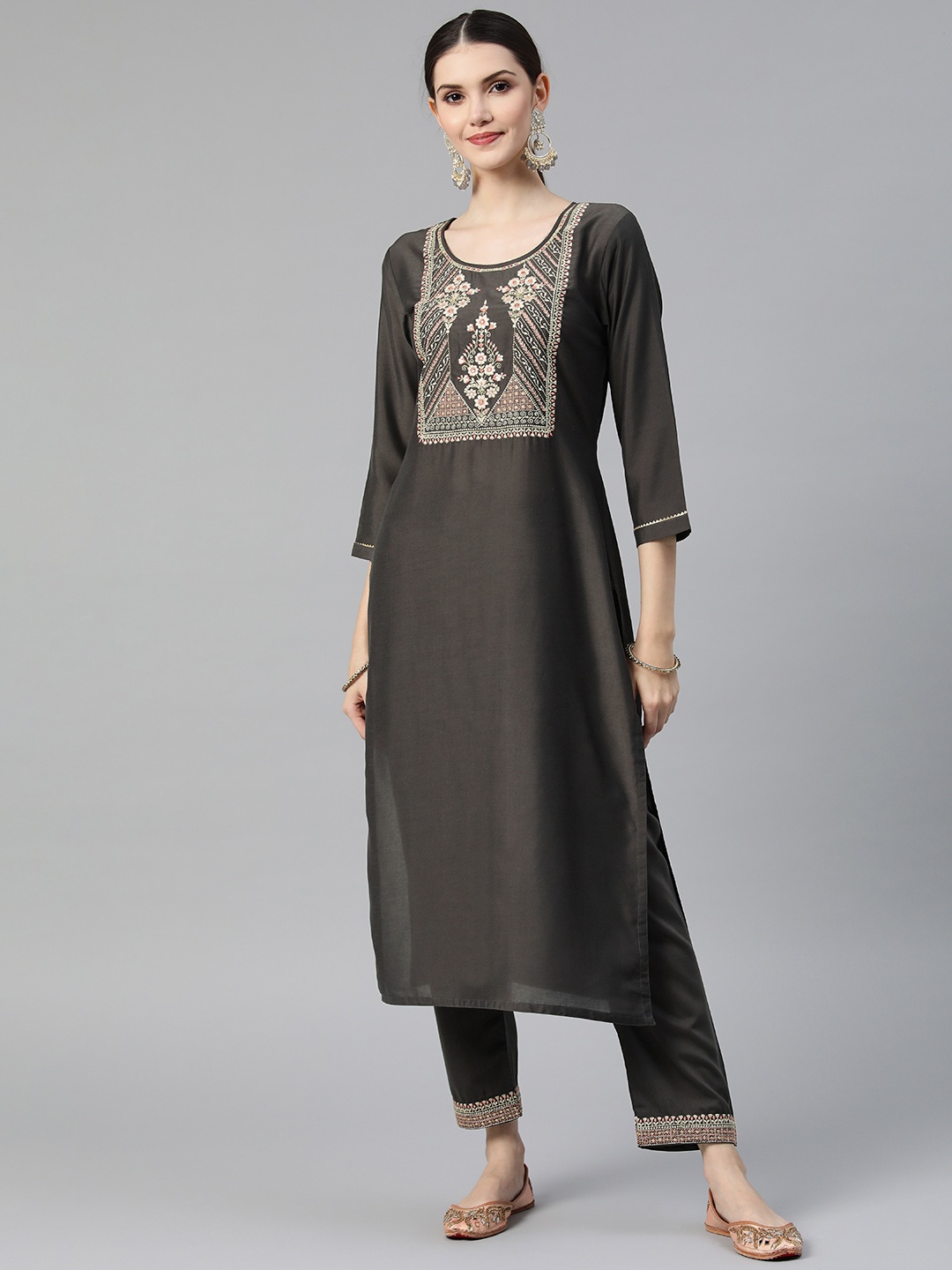 

SheWill Women Grey Floral Embroidered Sequinned Kurta with Trousers