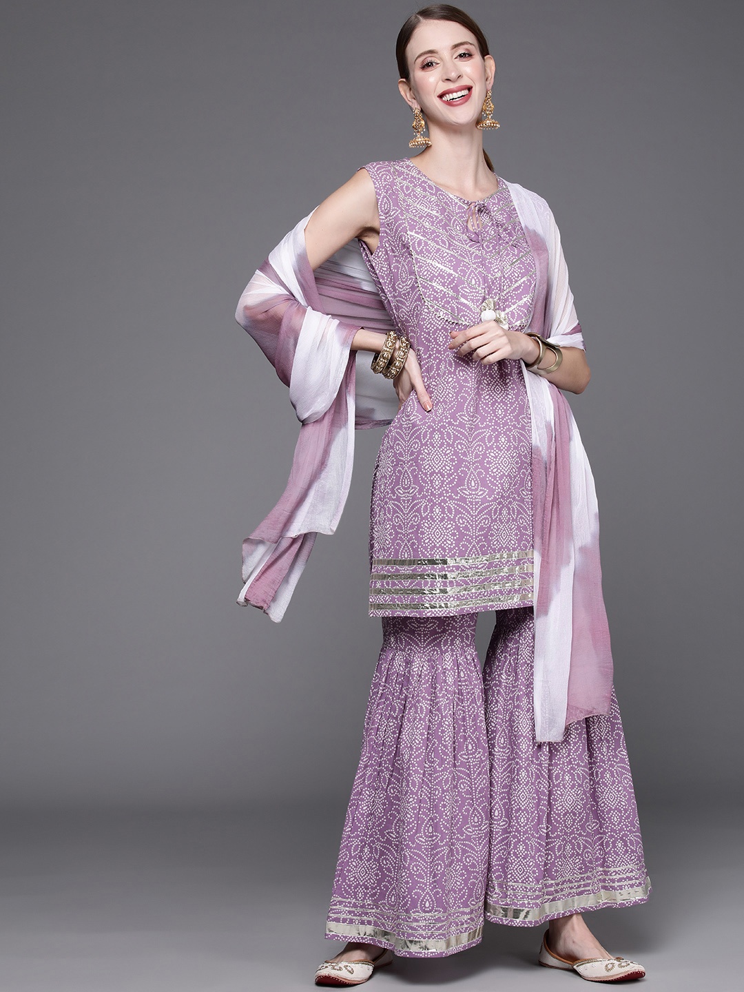 

Varanga Women Lavender & White Bandhani Pure Cotton Kurti with Sharara & Dupatta