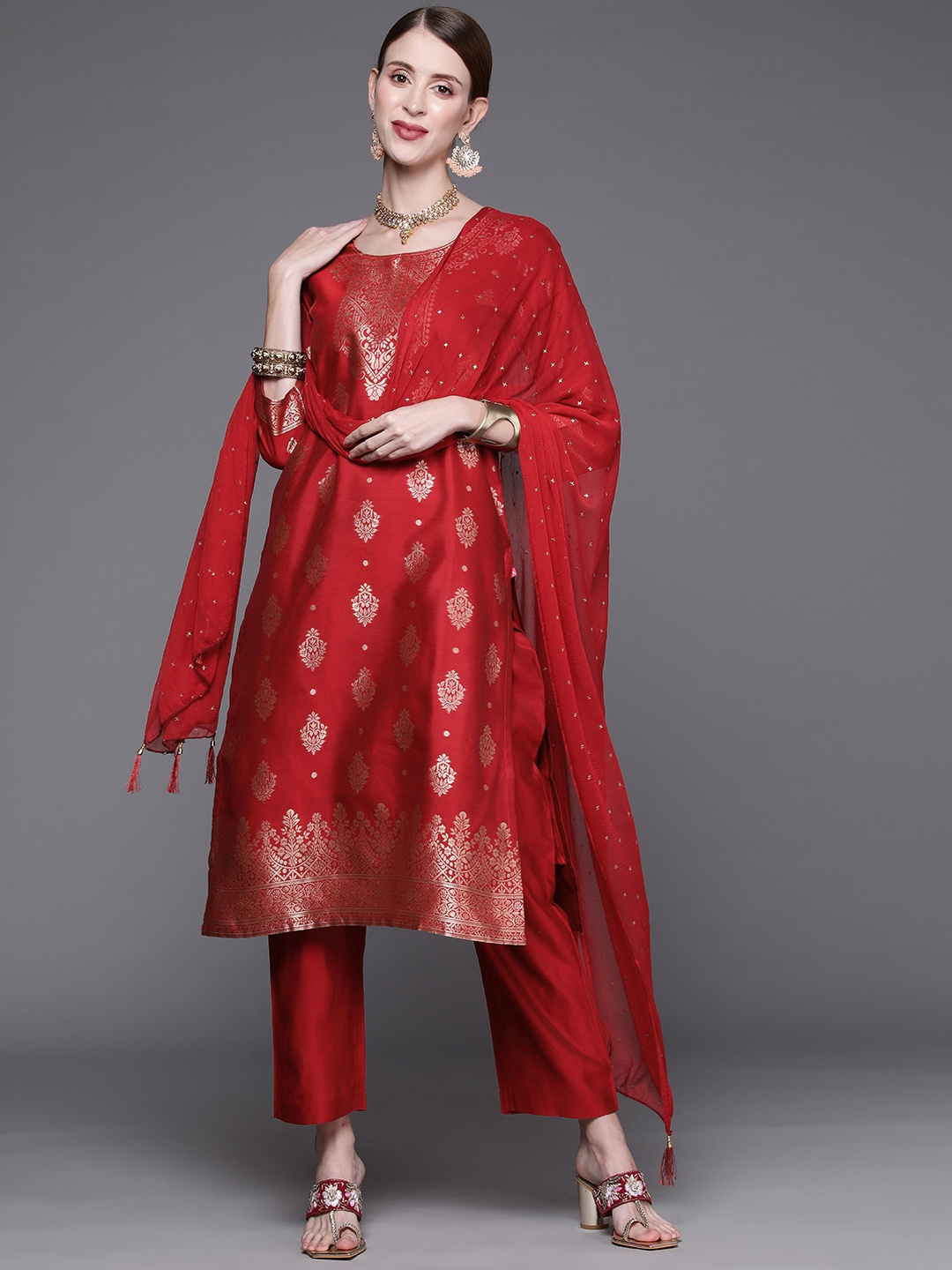 

Varanga Women Red & Golden Kurta with Trousers & With Dupatta