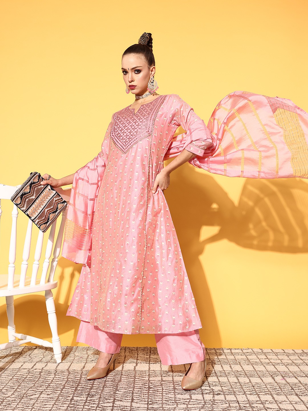 

ZOLA Women Ethnic Motifs Chanderi Silk Patakha Guddi Kurta Set, Pink