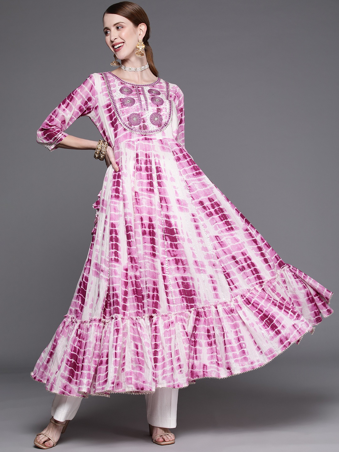 

KSUT Women Purple & Off White Embroidered Mirror Work Anarkali Kurta