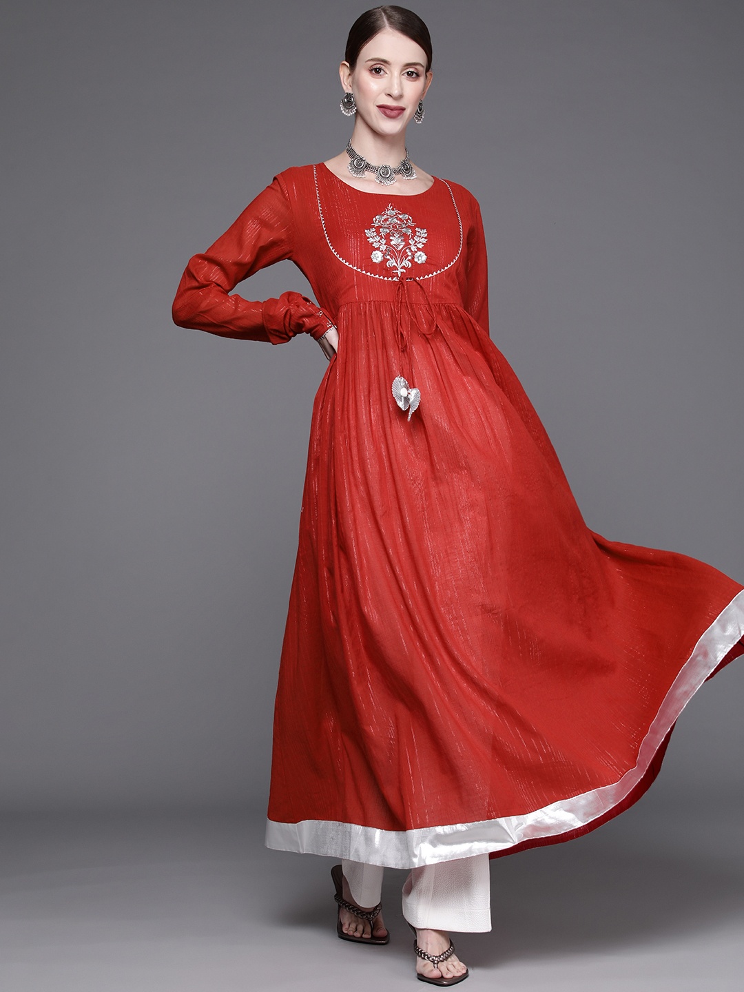 

Varanga Women Red & Silver Self-Striped Embroidered Kurta