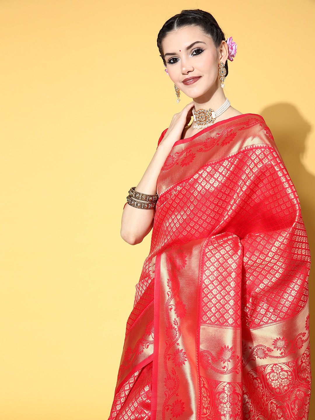 

Saree mall Ethnic Motifs Saree with Woven Design Border, Red