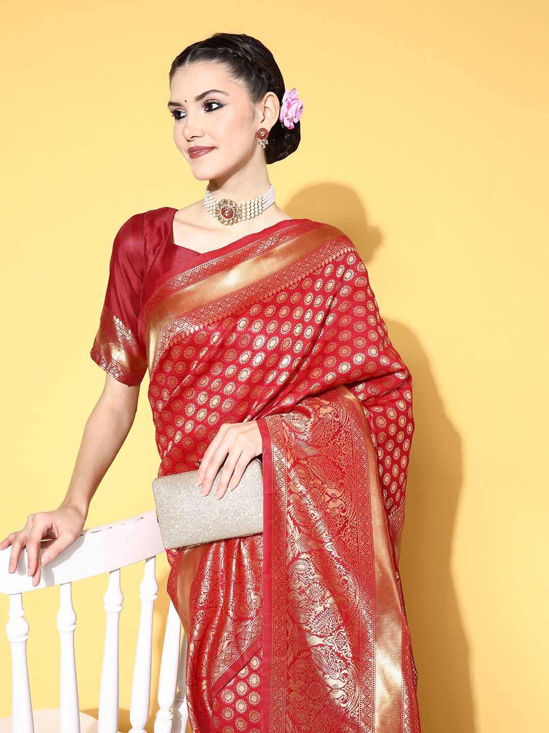 

Saree mall Ethnic Motifs Saree with Woven Design Border, Red