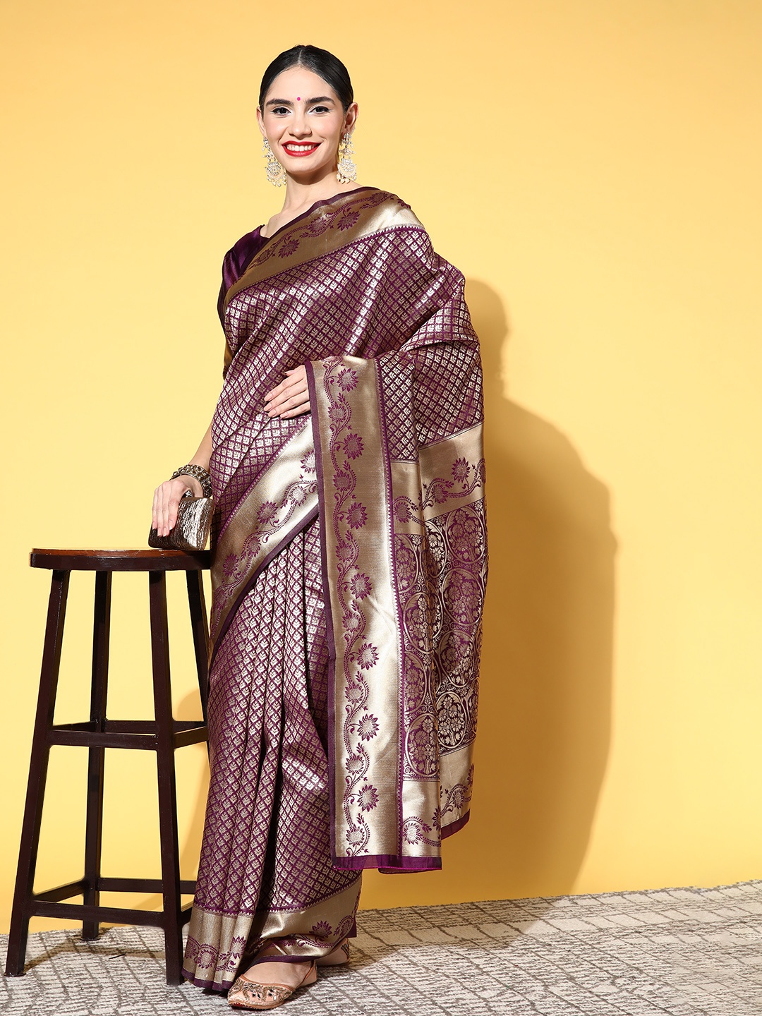 

Saree mall Ethnic Motifs Saree with Woven Design Border, Burgundy