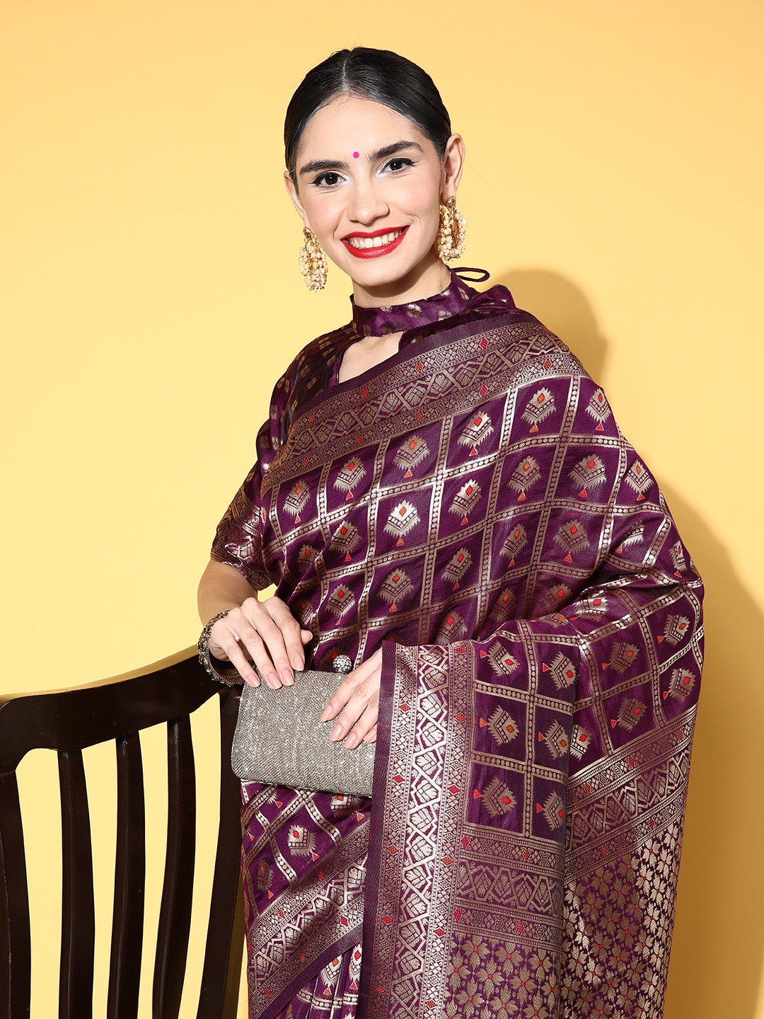 

Saree mall Ethnic Motifs Saree with Woven Design Border, Burgundy
