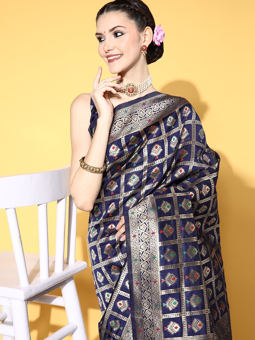 

Saree mall Ethnic Motifs Saree with Woven Design Border, Navy blue