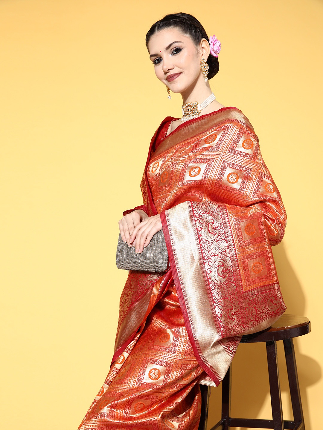 

Saree mall Ethnic Motifs Saree with Woven Design Border, Orange