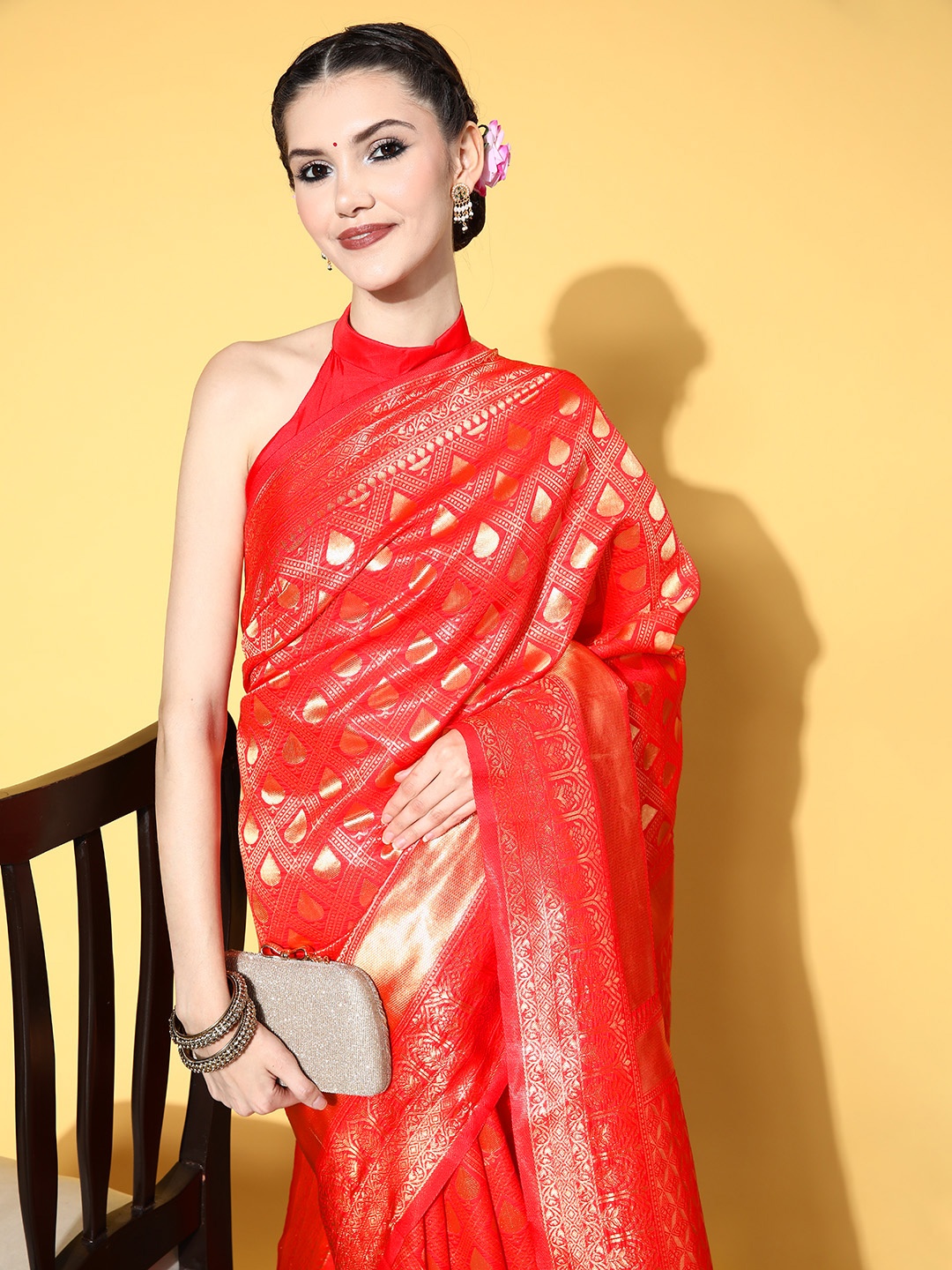 

Saree mall Ethnic Motifs Saree with Woven Design Border, Red