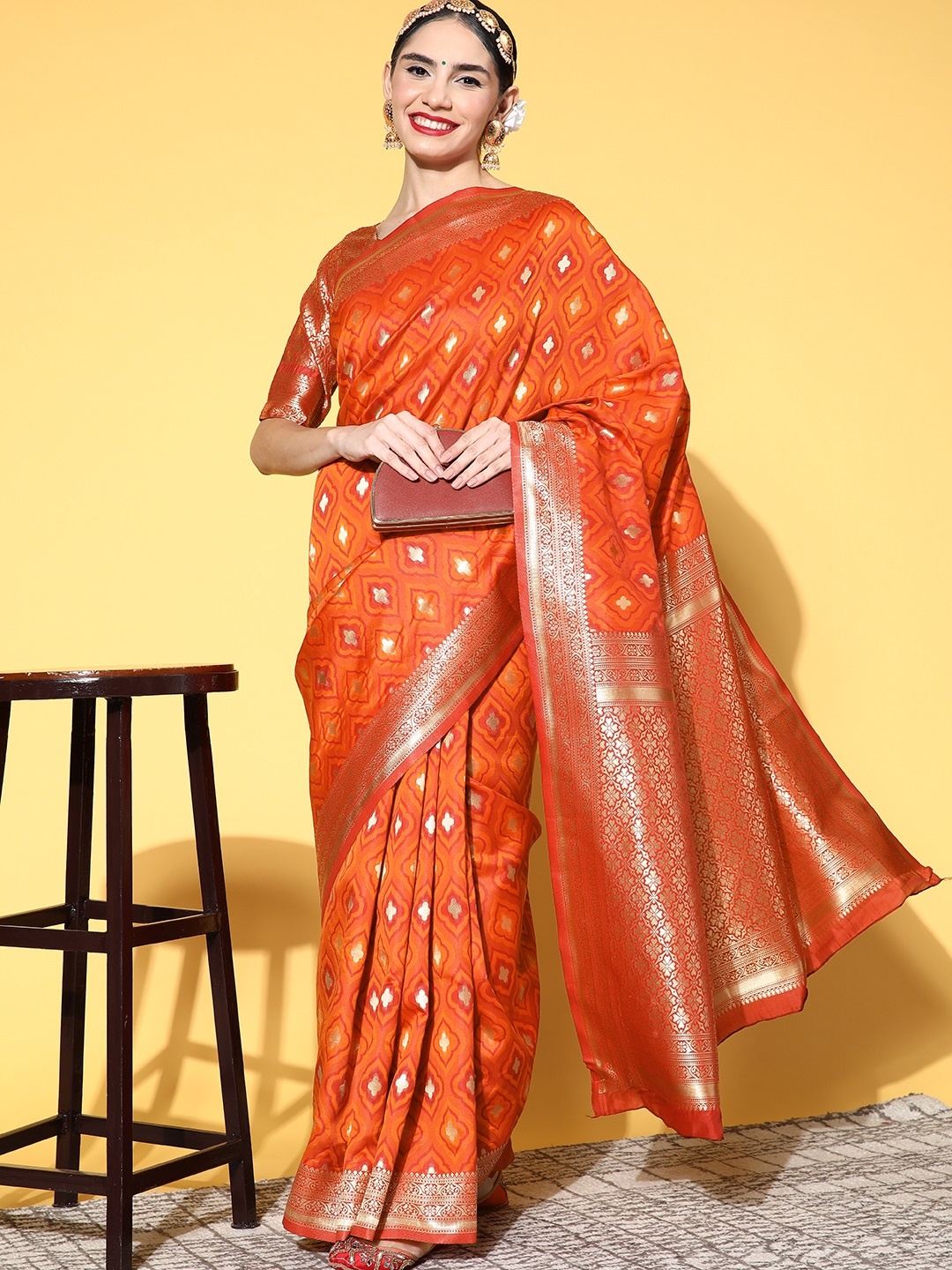 

Saree mall Geometric Saree with Woven Design Border, Orange
