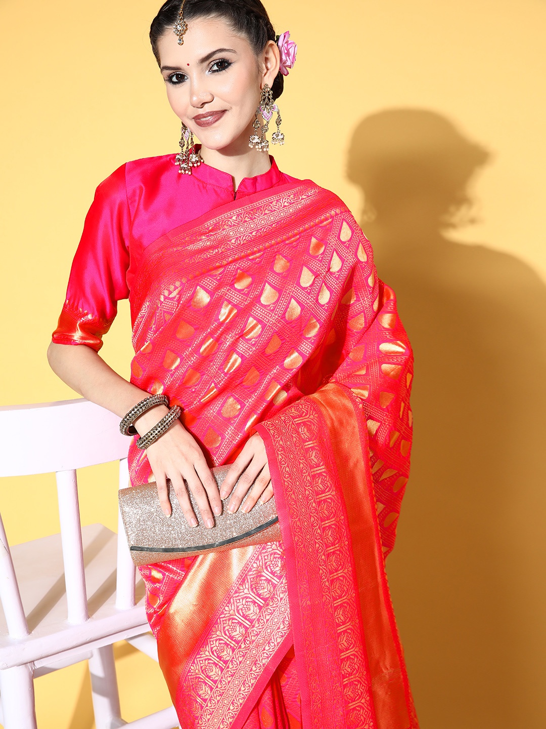 

Saree mall Ethnic Motifs Saree with Woven Design Border, Pink