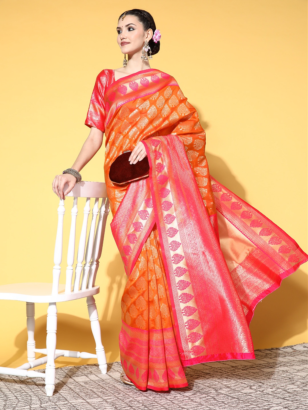 

Saree mall Bagh Saree with Woven Design Border, Orange