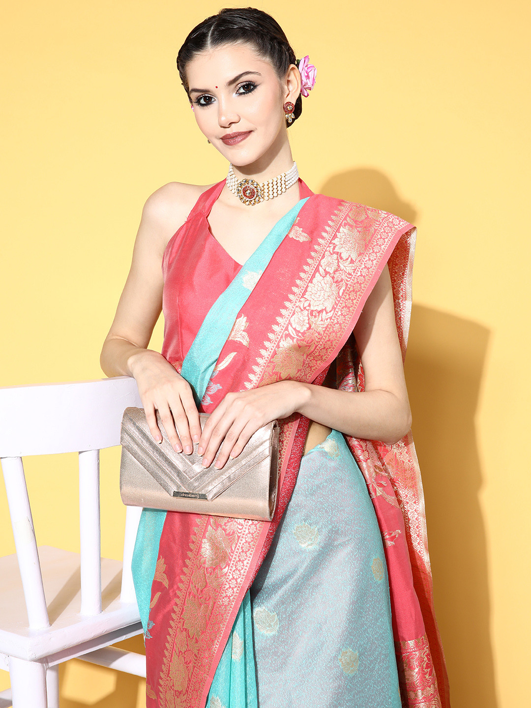 

Saree mall Floral Saree with Woven Design Border, Blue