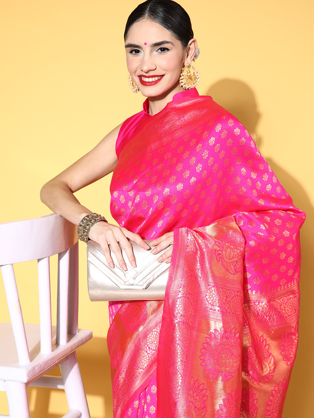 

Saree mall Ethnic Motifs Saree with Woven Design Border, Pink