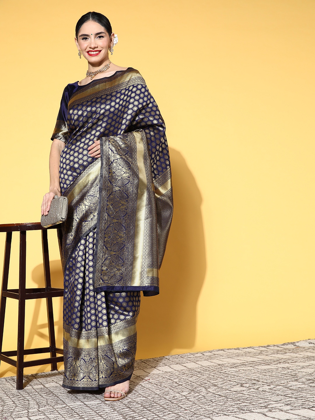 

Saree mall Ethnic Motifs Saree with Woven Design Border, Navy blue