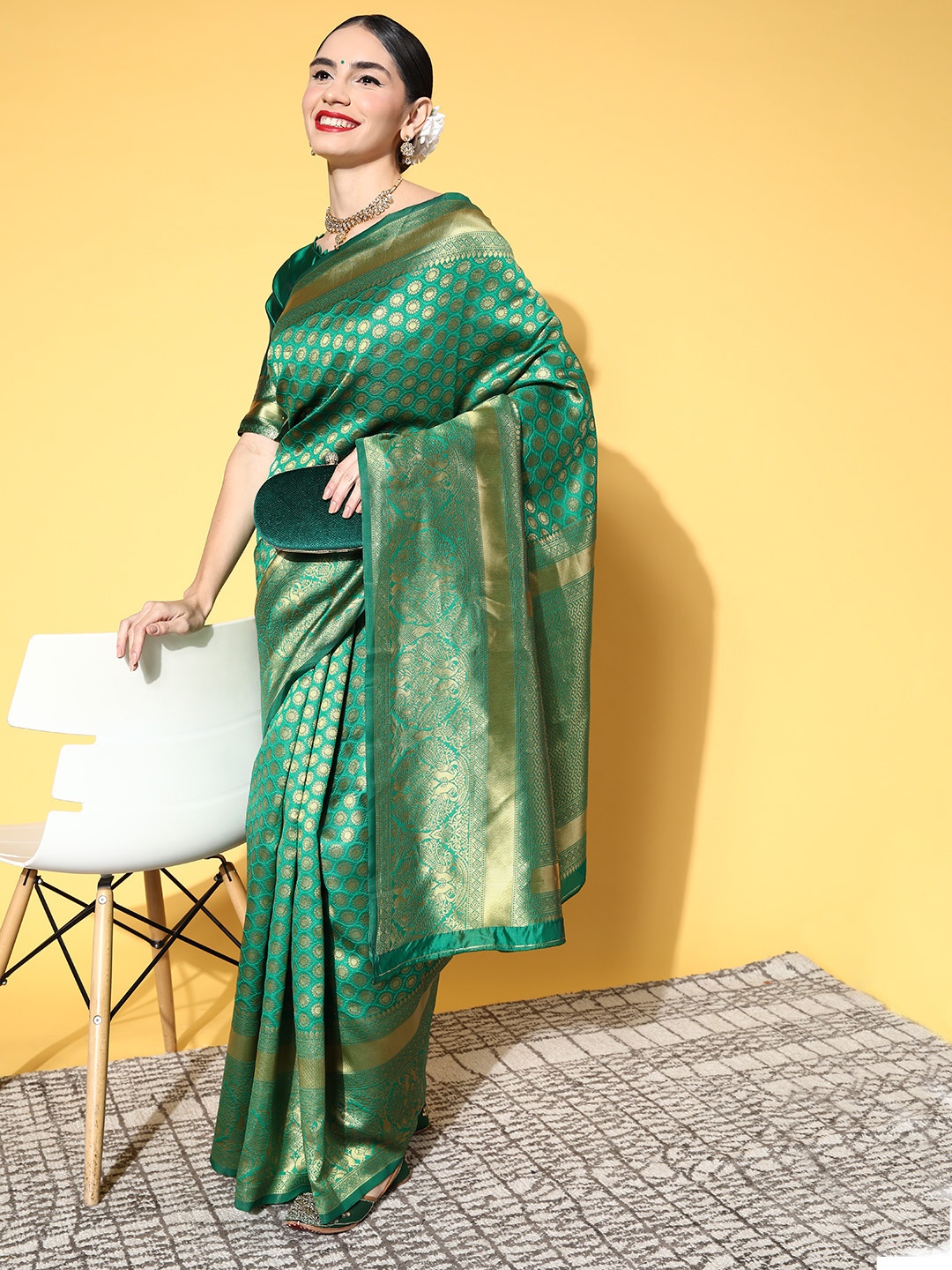 

Saree mall Ethnic Motifs Saree with Woven Design Border, Green