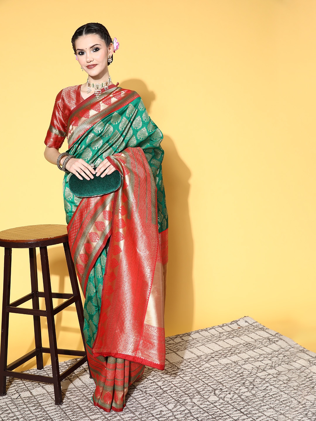 

Saree mall Ethnic Motifs Saree with Woven Design Border, Green