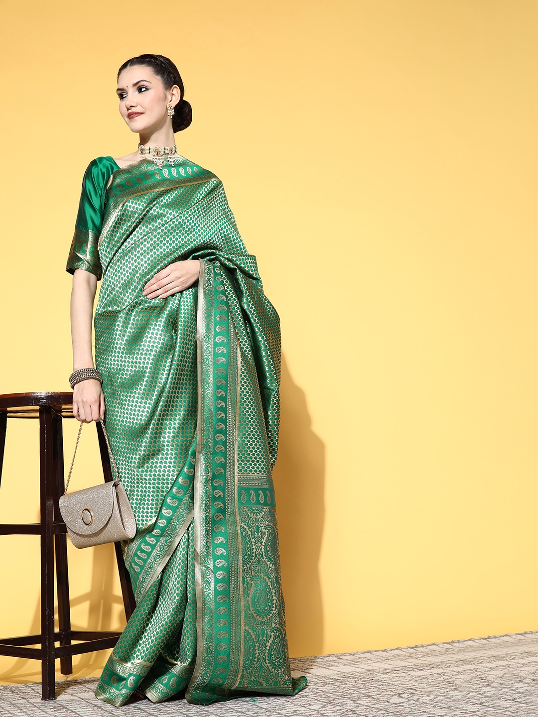 

Saree mall Ethnic Motifs Saree with Woven Design Border, Green